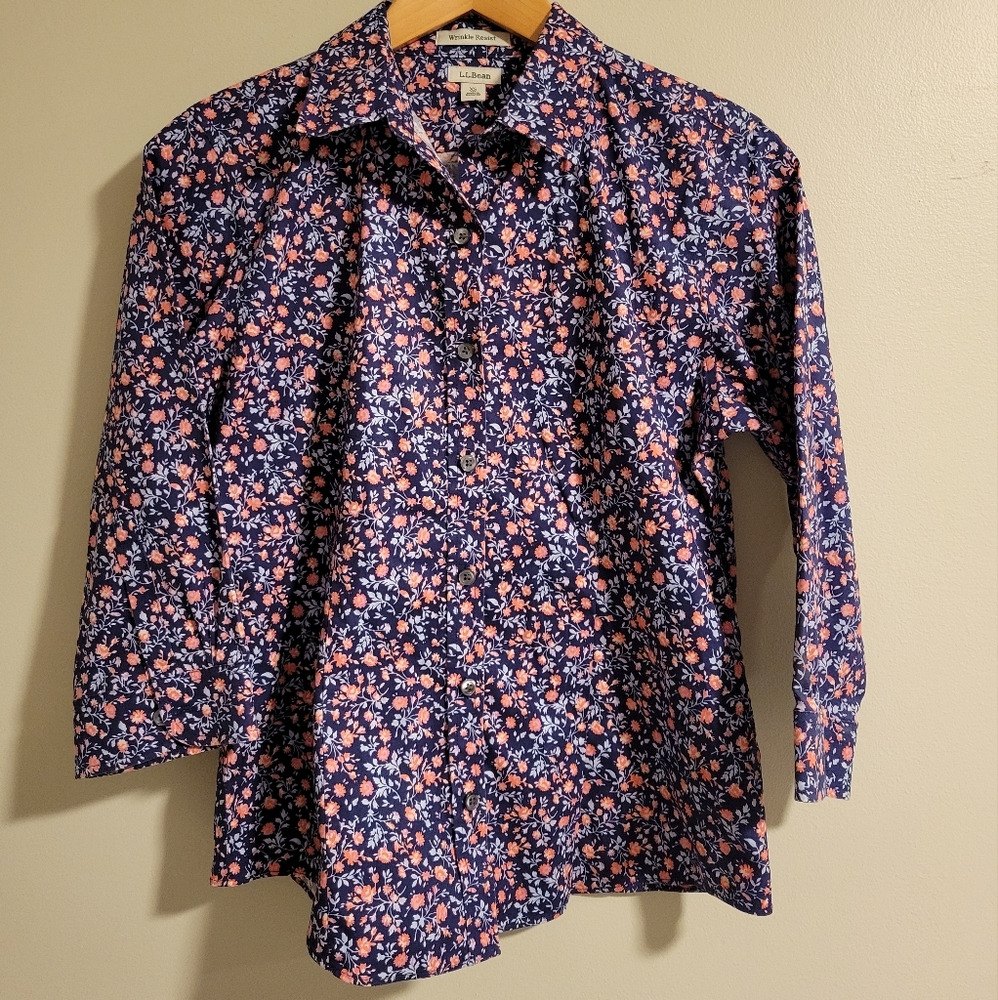 L.L. Bean Floral 3/4 Sleeve Button Down, XS